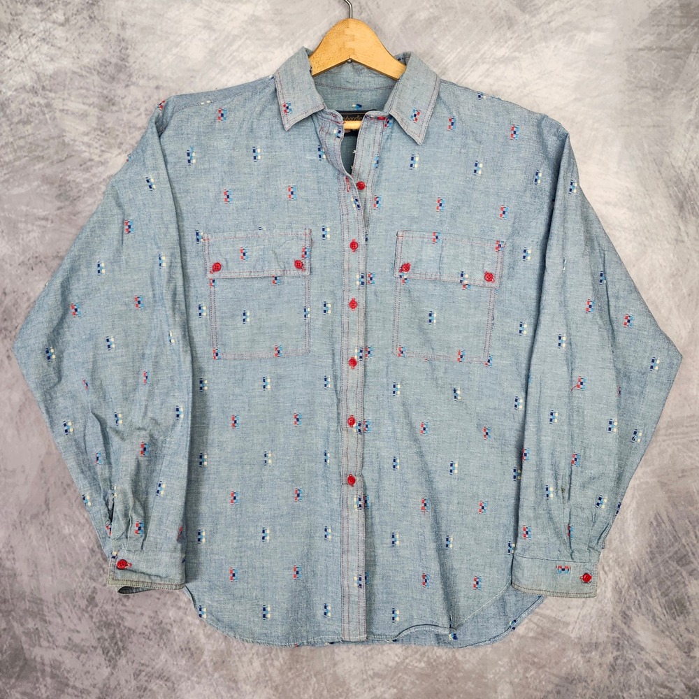 Vintage 90s Chambray Dobby Western Shirt XL USA Cotton Cowboy Americana Rodeo